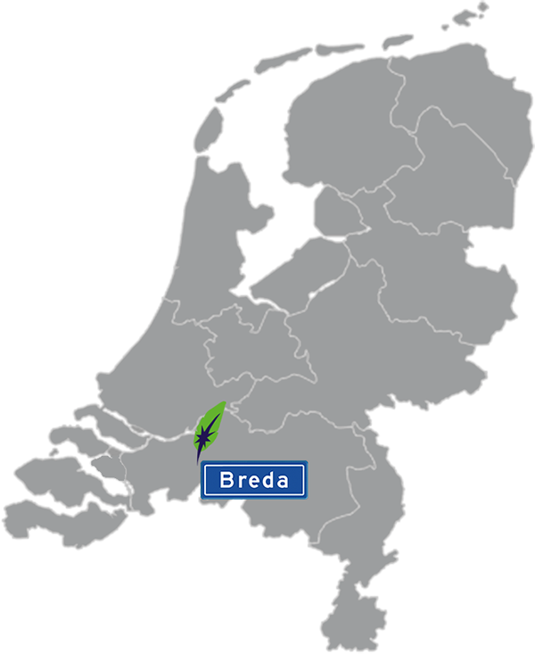 Landkaart Nederland grijs - locatie Dagnall Taleninstituut in Breda - aangegeven met blauw plaatsnaambord met witte letters en Dagnall veer - op transparante achtergrond - 600 * 733 pixels